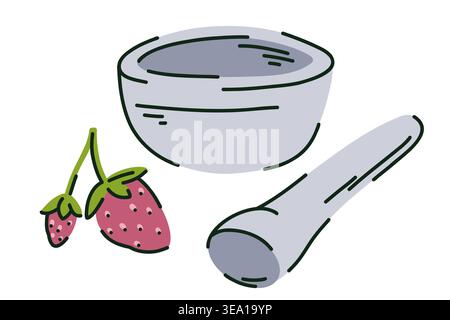 Mortar and pestle for crushing fruits, herbs, and seeds, and a kit for detecting DNA from strawberries. Stock Vector