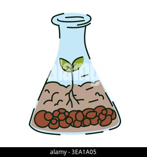 Erlenmeyer flask with a sprout with green leaves and roots in soil and drainage, garden laboratory, soil and plant research in a conical shape Stock Vector