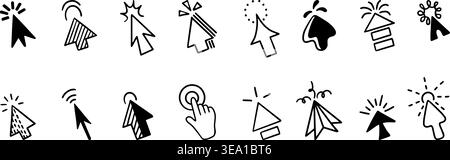 Doodle click icons. Mouse arrow pointer and finger for user interface navigation. Cursor with clicks details, press buttons, selection elements Stock Vector