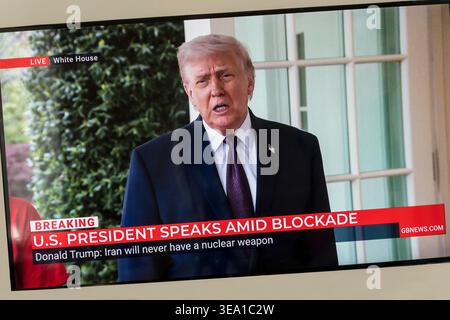 13 April 2026.  Screen grab of GB News showing President Trump live from the White House with the captions U.S. President Speaks Amid Blockade and Donald Trump: Iran will never have a nuclear weapon. Stock Photo
