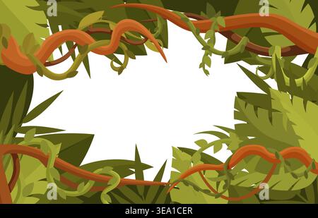 Tropical plants background. Exotil liana and leaf frame with empty space for text. Rainforest plant, tree, curved wooden stems. Cartoon sapid vector Stock Vector