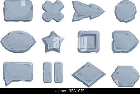 Cartoon stone boards. Game menu, arrows and buttons. Isolated ui ux design panels, plank interface stoned elements. Pause, start, exit button sapid Stock Vector