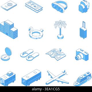 Isometric line travel icons. 3d line airplane, ship, buses. Isolated hotel building, summer swim accessories, suitcase. Tourism, leisure, vacations Stock Vector