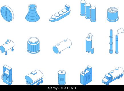 Isometric line fuel factory. Extraction and processing of fuel, oil, gas. Transportation by water, land, pipes, special containers, canister, nifty Stock Vector