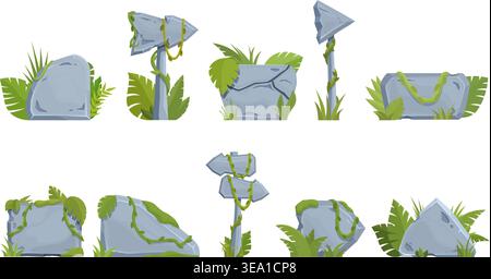 Jungle stone plates. Stoned banners with tropical plants, palm leaves, lianas. Isolated arrows direction, panels. Cartoon game design, sapid vector Stock Vector