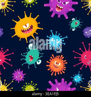 Viruses. seamless pattern design with bacteria and viruses with emotional faces Stock Vector