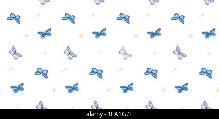 Sparse print with butterflies and stars on white background, romantic blue and swarm flying insects for paper and textile Stock Vector