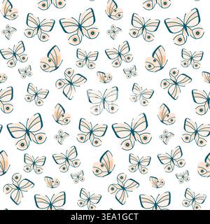 A simple seamless pattern with pink butterflies on white, orange wings, and flying fragile insects. Stock Vector