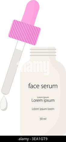Minimalist face serum bottle with pink dropper releasing drop Stock Vector