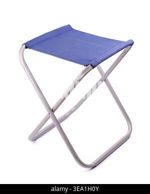 Blue folding camping stool isolated on white Stock Photo