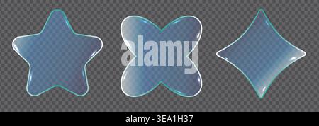Blue glassmorphism shapes: star, cross, diamond Stock Vector