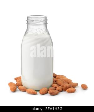 Front view of  almond milk bottle and almond kernels isolated on white Stock Photo