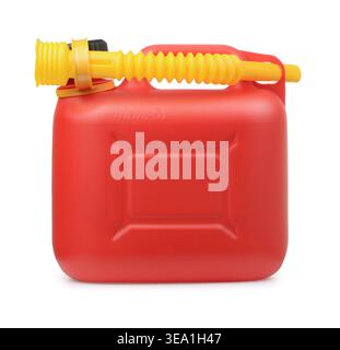 Side view of red plastic fuel jerrycan isolated on white Stock Photo