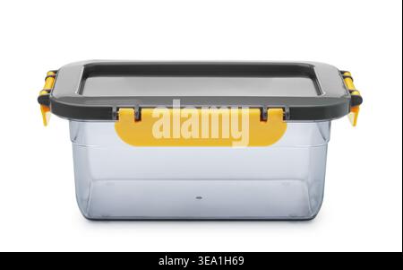 Front view of reusable translucent plastic food container isolated on white Stock Photo