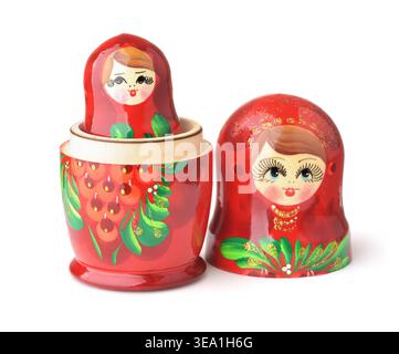 Front view of red wooden matryoshka doll isolated on white Stock Photo