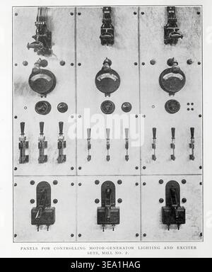 Vintage industrial electrical control panel with meters, switches and breakers for motor generator sets in an old mill. from the Article ELECTRIC MACHINERY FOR THE OPERATION OF MEXICAN MINES. By Charles V. Allen. from The Engineering Magazine Devoted to Industrial Progress Volume XXXI April - September 1906 The Engineering Magazine Co Stock Photo