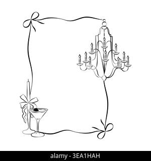 Hand-drawn frame card template with candle, bows, cocktail, vintage chandelier graphic illustration for wedding decor, cards, menu Stock Vector