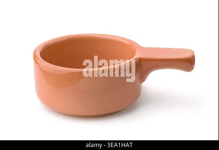 Side view of single handle clay stew pot isolated on white Stock Photo