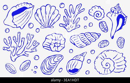 Hand drawn blue outline of ocean shells and coral Stock Vector