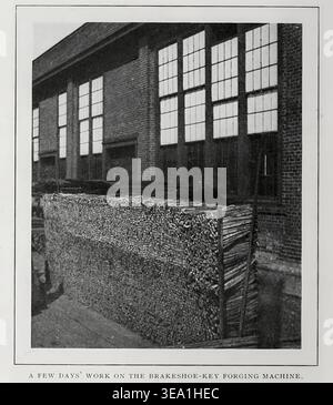 Rows of forged brakeshoe keys stacked outside a brick factory, showing mass production and industrial output. from the Article ORGANIZATION AND ECONOMY IN THE RAILWAY MACHINE SHOP. By H. W. Jacobs. Part 1. SPECIALIZING AND CENTRALIZING THE OPERATIONS AND EQUIPMENT. From The Engineering Magazine Devoted to Industrial Progress Volume XXXI April - September 1906 The Engineering Magazine Co Stock Photo