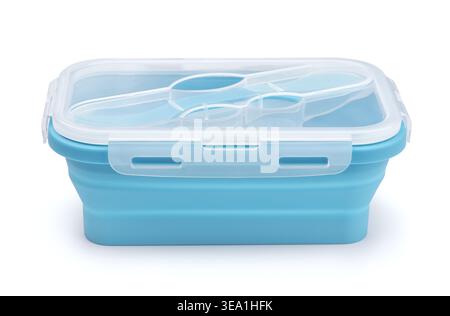 Front view of blue collapsible silicone lunch box  isolated on white Stock Photo