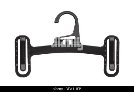 Front view of empty black plastic trouser hanger isolated on white Stock Photo