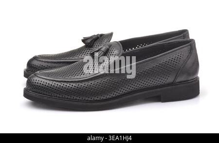 Side view  of black leather tassel loafers isolated on white Stock Photo
