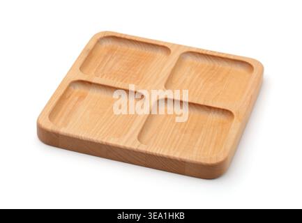 Empty wooden square 4 compartments serving dish isolated on white Stock Photo