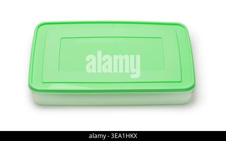 Flat reusable plastic food container with green cover isolated on white Stock Photo