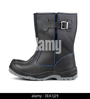 Side view of black winter work boots isolated on white Stock Photo