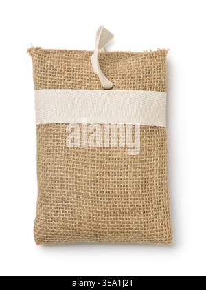 Top view of rough burlap gift bag isolated on white Stock Photo