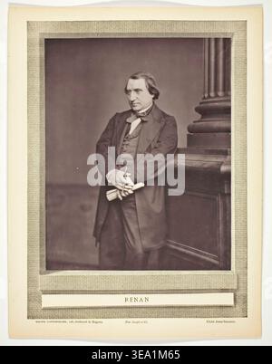 Renan by Antoine Samuel Adam-Salomon, c. 1870, woodburytype portrait of a man in formal dark suit with bow tie, holding rolled papers, posed against classical architectural background Stock Photo