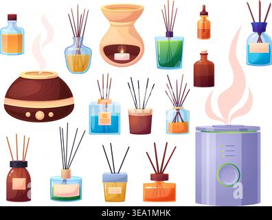 Aromatherapy elements. Different cartoon glass bottles with massage oil, perfumes with wooden sticks. Diffusers for relaxation, aroma lamp with candle Stock Vector