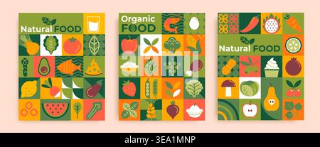 Natural food, fruits, vegetables,nuts and mushrooms on geometric background.Bright template icons of most popular organic food for web, design,packaging,label, advertise and print. Vector illustration Stock Vector