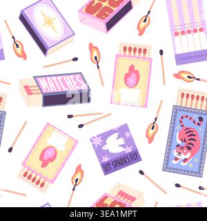 Matchbox seamless pattern. Stylish vintage matchboxes, burning wooden matches. Decorative print for fabric, textile, wallpaper, racy vector background Stock Vector