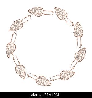 Edible morel mushroom circle frame line art style illustration for cooking, food packaging, organic products, restaurant menu design. Stock Vector