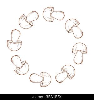 Edible mushroom boletus organic line art drawing in circle frame for cooking, food, nature, forest concept. Isolated illustration for recipe Stock Vector