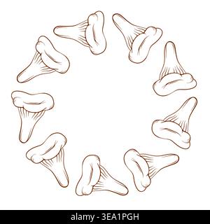 Wreath of hand drawn style niscalo mushroom, edible fungi in circle frame with copy space for design. Food ingredient concept illustration. Stock Vector