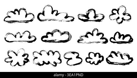 Grunge doodle clouds icon set. Hand drawn doodle chalk outline clouds set. Bold textured contour clouds collection. Vector paintbrush forecast symbols Stock Vector
