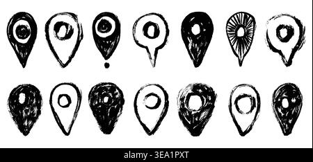 Grunge Brush Stroke Location Pin Icons Set. Gps navigation symbol markers hand painted. Vector chalk artistic pin map mark collection. Stock Vector
