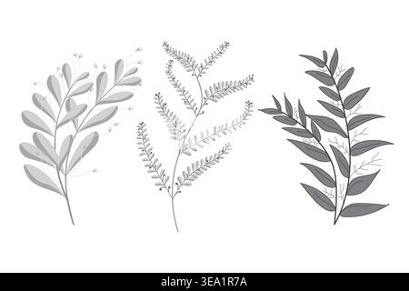 Handdrawn tree brunch natural leafs in black and grey shades, Abstract leaf design, decorative hand drawn sketching Stock Vector
