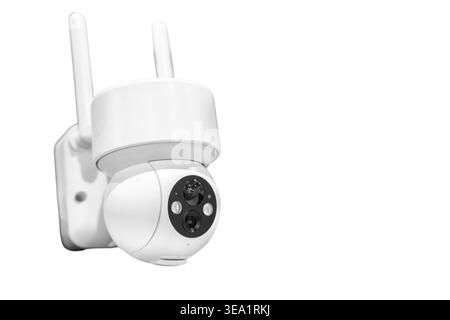 Modern IP CCTV security cameras on white background. Stock Photo