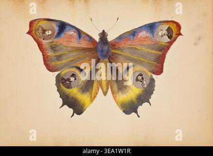 The Madame B Album by Marie-Blanche Hennelle Fournier, 1870s, surreal butterfly with four portrait medallions embedded in wings against mountainous landscape Stock Photo