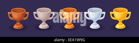 Game trophy cups ui. Winner trophies cup gold silver stone wood elements props icons, cyber sport gaming gui champion goblet level rank reward, cartoon set neat vector illustration original artwork Stock Vector