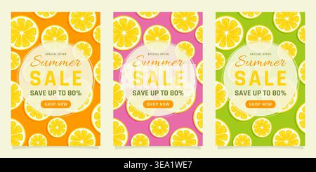Summer sale vertical banners with lemon fruit pattern vector illustration. Stock Vector