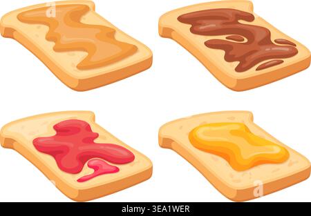 Peanut butter toast. Toast bread slice spread jam, jelly honey chocolate paste strawberry berry hazelnut cocoa breakfast sandwich cartoon toasts food neat vector illustration original artwork Stock Vector