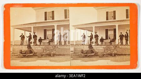 Untitled by Unknown, 1875–99, stereoscopic photograph showing men in suits conversing on a house porch with figures and a cart in the foreground Stock Photo