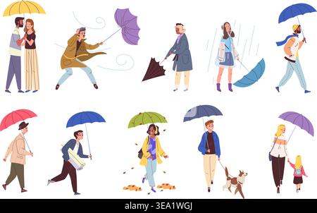 People walk umbrella. Woman man walking in rain, autumn fall season couple holding umbrellas rainy day weather happy person coats raincoat stroll group classy vector illustration original artwork Stock Vector