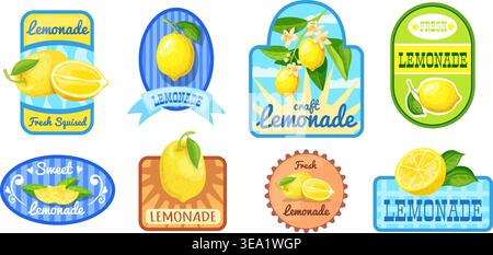 Lemonade retro labels. Lemon juice badge, citrus fruit fresh soda emblem vintage cafe cold ice syrup tag summer sweet drink packaging stamp stickers set neat vector illustration original artwork Stock Vector
