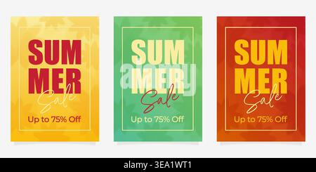 Summer sale posters set with floral background and discount text vector illustration. Stock Vector